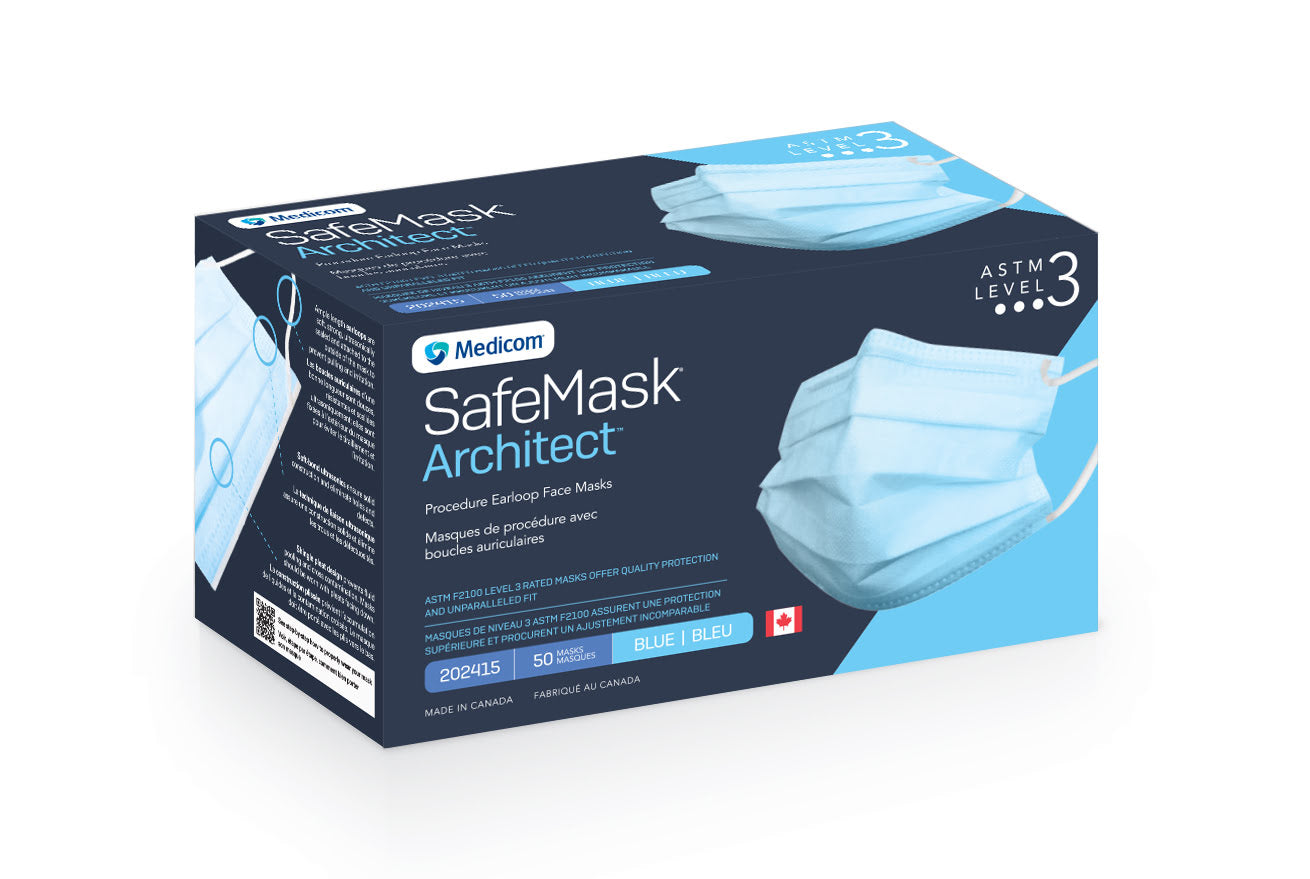 Surgical Face Masks 3ply ASTM 3 – MADE IN CANADA, Box of 50 (blue, Level 3) Packaging: Box of 50 (10 Boxes in a Case)
